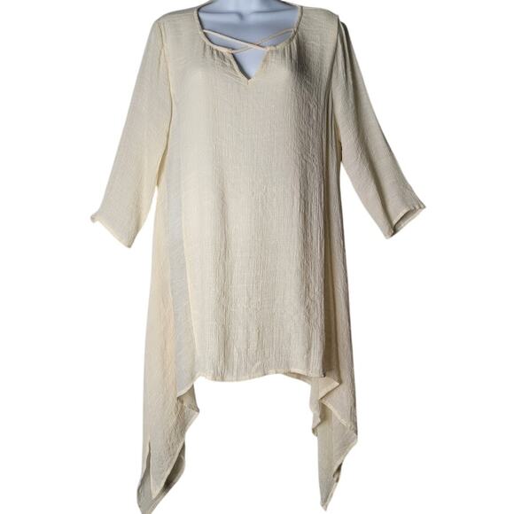 Umgee USA Cream Gauze Crinkle Tunic Dress Handkerchief Hem Women’s M Peasant - Picture 1 of 9